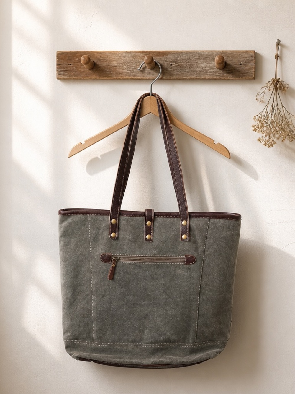 Myra Woven Pattern Tote Bag with Brown Trim - Picture 2 of 3